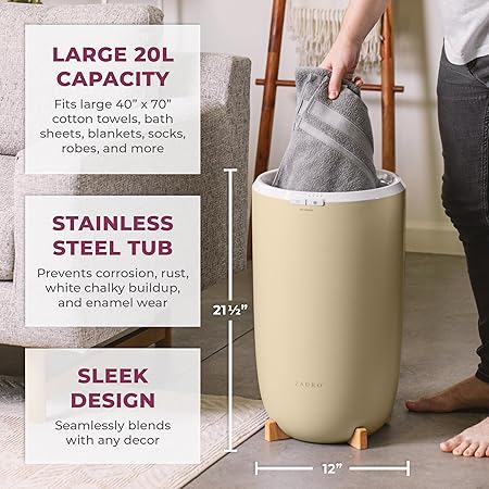 Zadro Large Aromatherapy Towel Warmer Bucket - with Essential Oil Wood Disk for Spa and Bathroom, Luxury Stainless Steel Towel Heater, Auto Shut off, Fits 2 large Towels, Blanket, Bathrobe, PJs